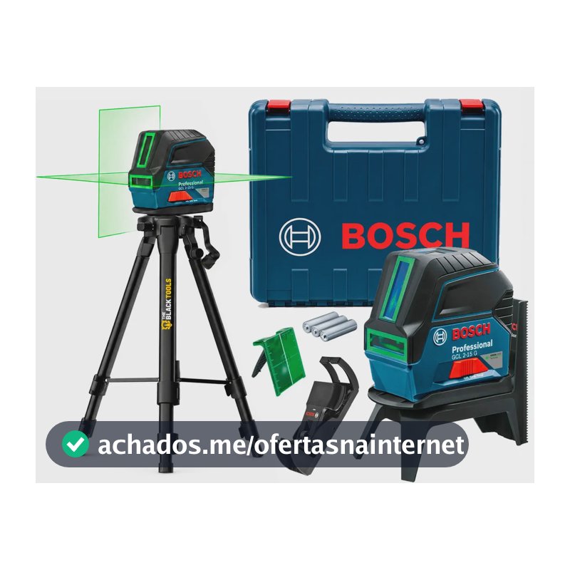 Kit Nível A Laser Verde (linhas) e vermelho (pontos de prumo) Cruzado 2 Linhas GCL 2-15 G Bosch + Tripé Suporte 1,20m Profissional Rosca 5/8 The Black Tools
