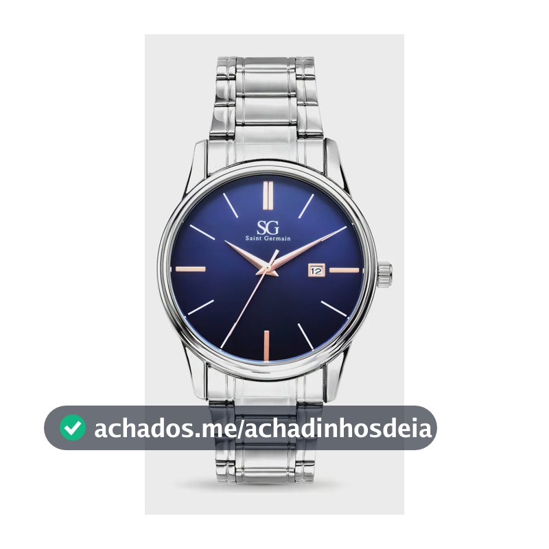 Relógio Masculino Clássico Pulseira Prata Correia Prateada Bisel Prateado Fundo Azul Marinho Saint Germain 42mm Elegante Detalhes Bronze