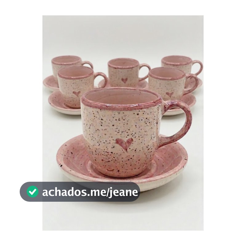 Kit 6 Xícaras Com Pires Rosa Coração Cerâmica Decoração Mesa Rosa-claro Coração