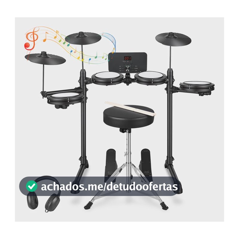 Bateria Eletrônica Completa 5 Tambores 3 Pratos Banco E Fone Preto