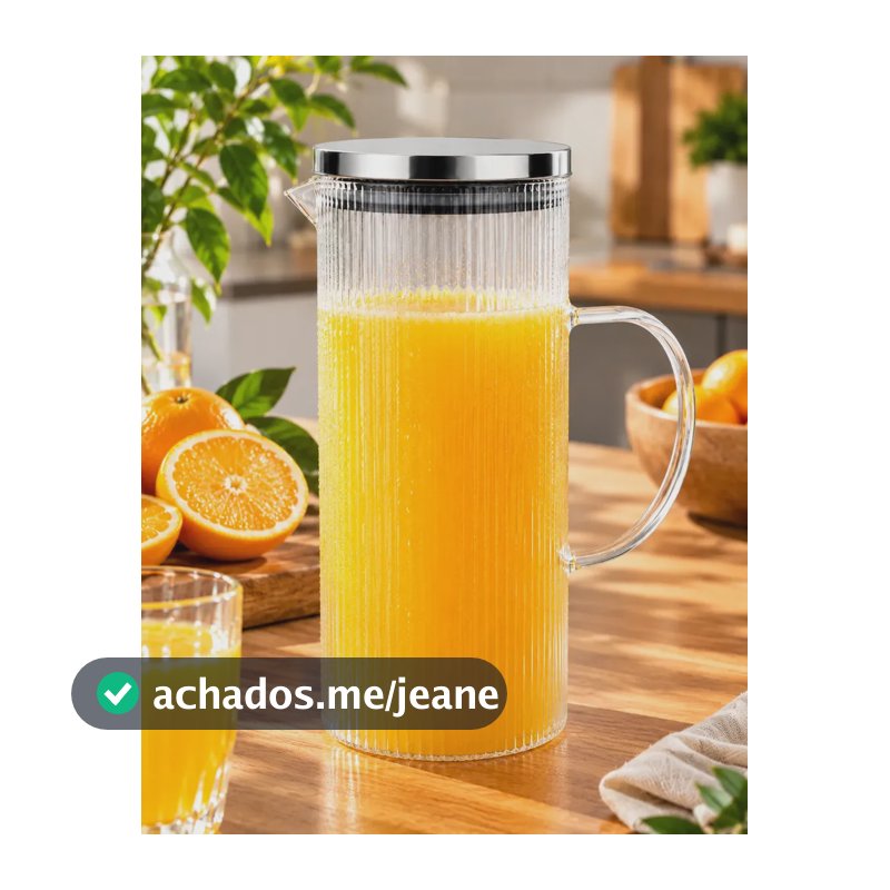 Jarra De Vidro Canelado Borossilicato Tampa em Aço Inox Suco Água Marine