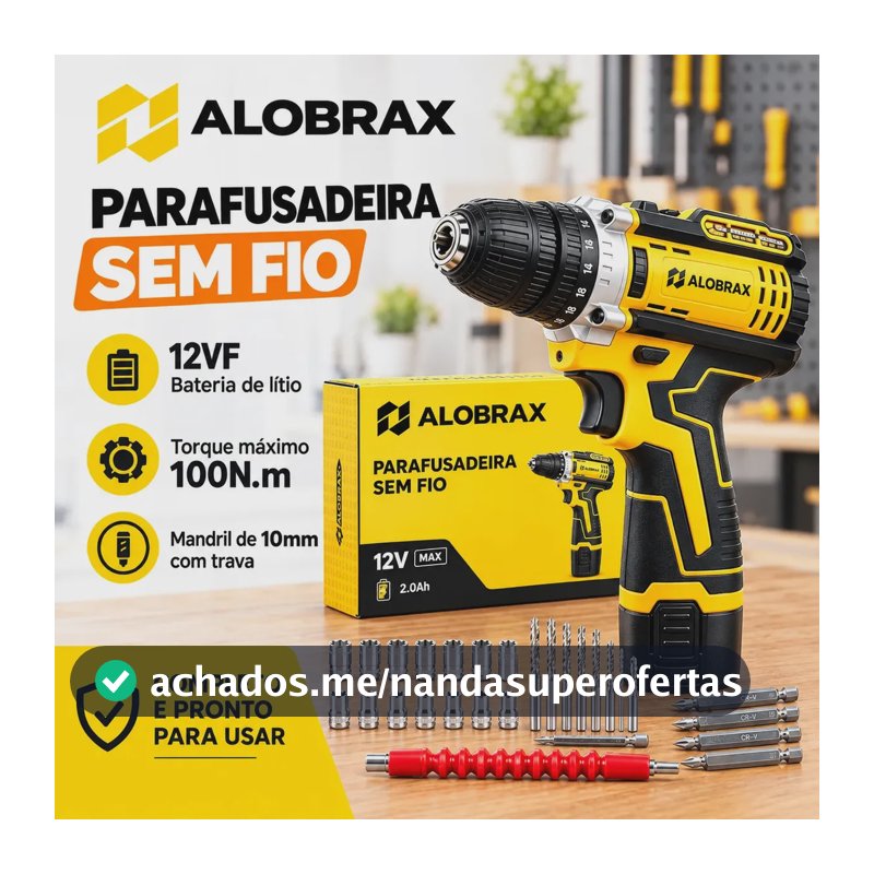 Furadeira Parafusadeira 12V Sem Fio Kit Completo Brocas Bits Soquetes Eixo Flexível Bateria Lítio