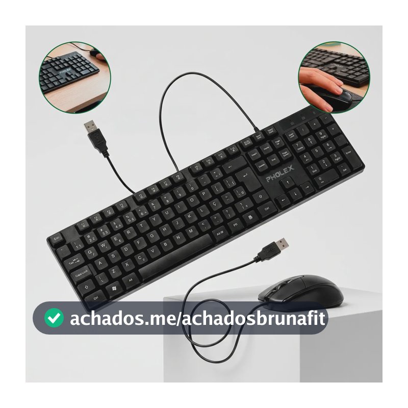 Kit Teclado E Mouse Óptico Usb Com Fio Abnt2 Pc E Notebook Pholex