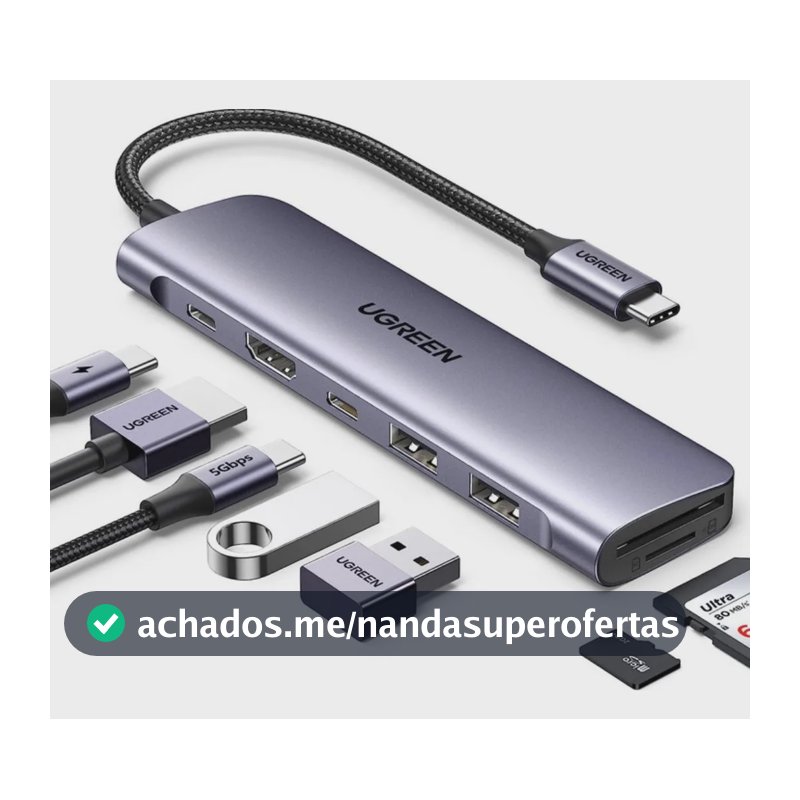 Hub Tipo-c Ugreen Para 2 Usb 3.0 + Hdmi + Usb-c + Sd/tf +pd Prateado