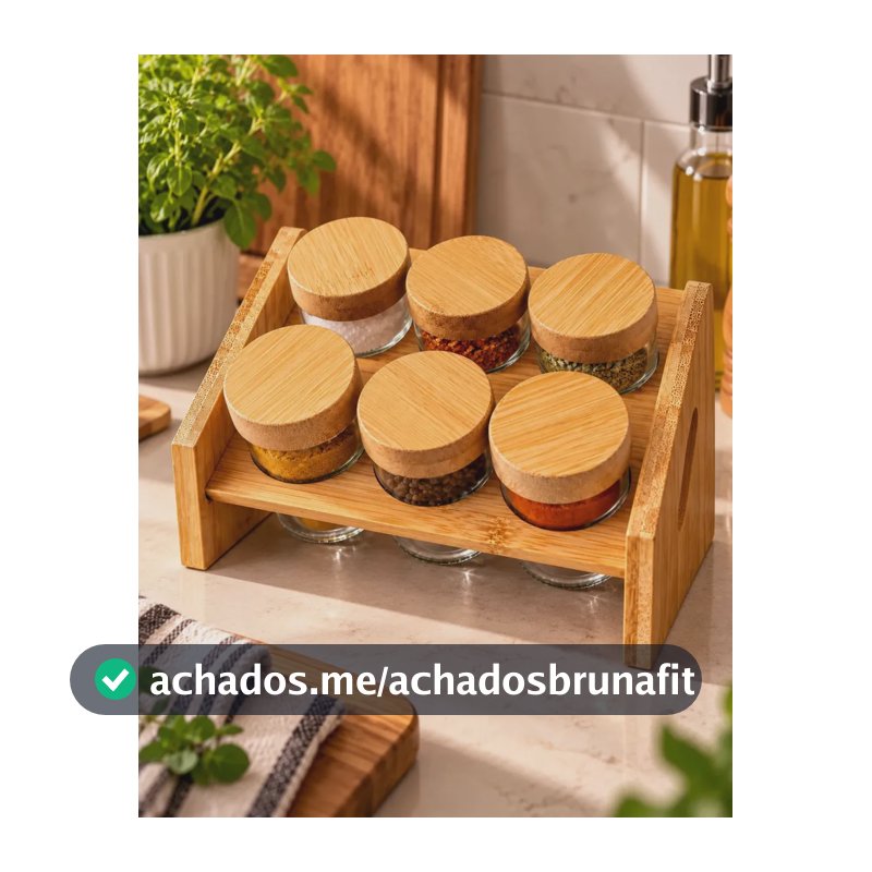Conjunto Kit Porta Temperos 6 Potes Vidro com Tampa de Bambu e Dosador, Suporte Organizador de Temperos para Cozinha Porta Condimentos Potes para Sal, Pimenta, Orégano e Especiarias
