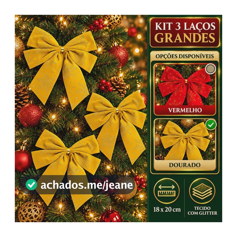 Kit 3 Laços Árvore De Natal Glitter Grandes Enfeite Decoração Luxo Dourado Luvinco