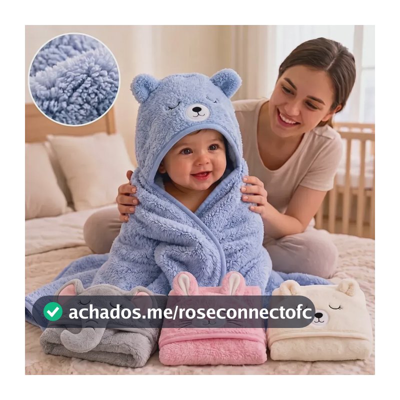 Toalha De Banho Bebê Infantil Com Capuz Grande Forrada Macia Azul