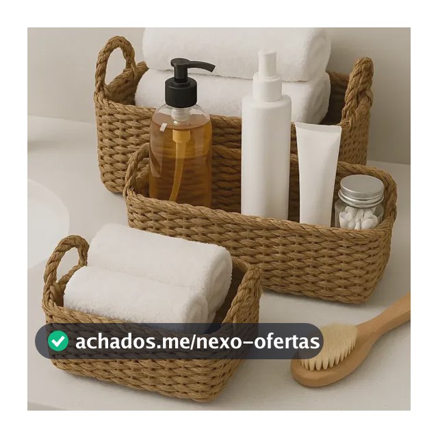 3 Cestos Conjunto Organizador Rústico Em Palha Natural Boho