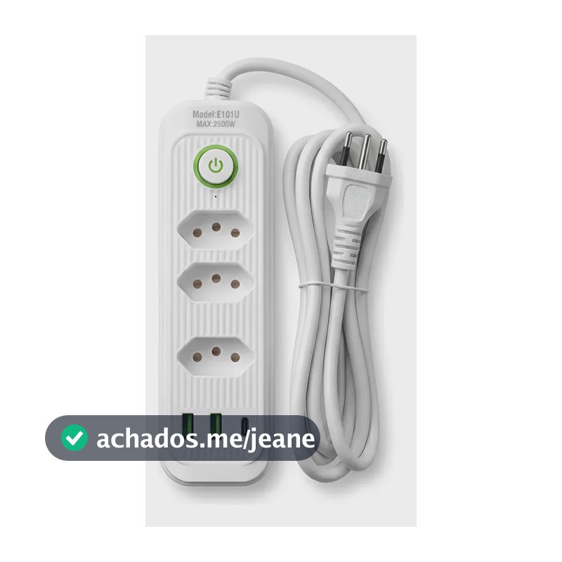 Extensão Tomada 3 Saidas 10a 2 Usb C/ 1 Tipo C Bivolt 2500w  Branco 127/220v Bivolt