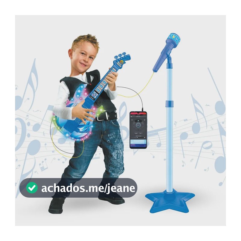 Guitarra E Microfone Infantil Instrumento Brinquedo Musical Cor Azul