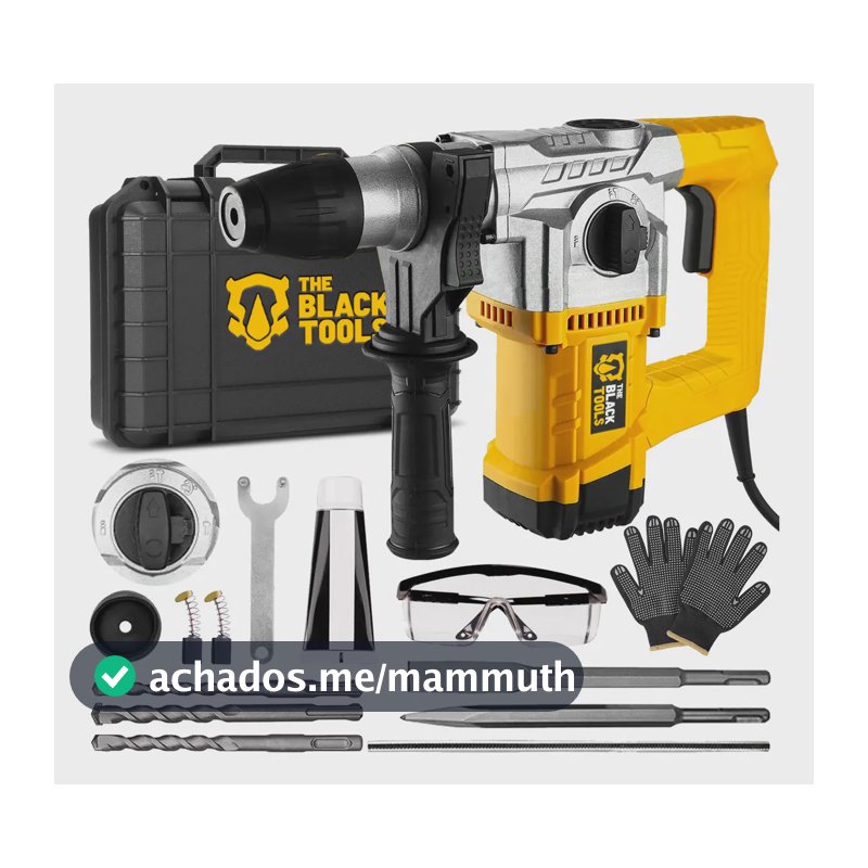 Martelo Martelete Rompedor Elétrico Concreto Com Brocas Talhadeira Ponteira Óculos Luva Cor Amarelo The Black Tools