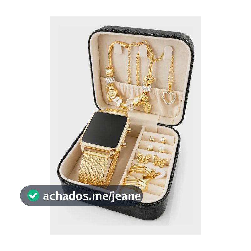 Kit Relógio Digital + Colar, Brincos, Porta Joias Dourado Dourado