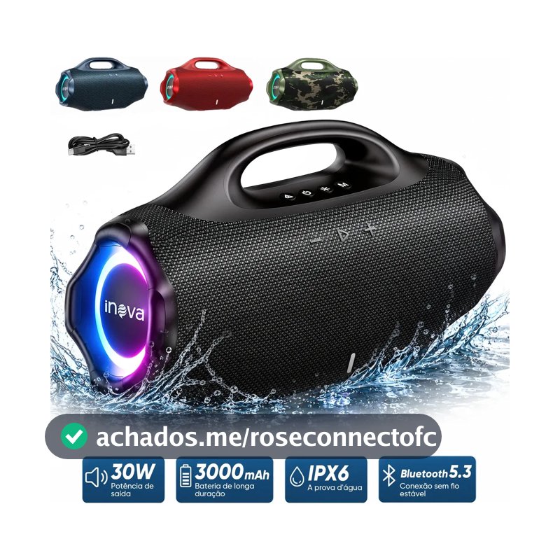 Caixa de Som Portátil Inova de 30W com Bluetooth, Rádio FM e Luzes RGB