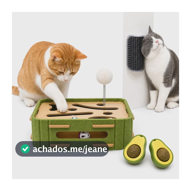 Kit Para Gatos Brinquedo Interativo Labirinto Quadrado + Coçador Escova Cor Sortida + 2 Abacate Catnip