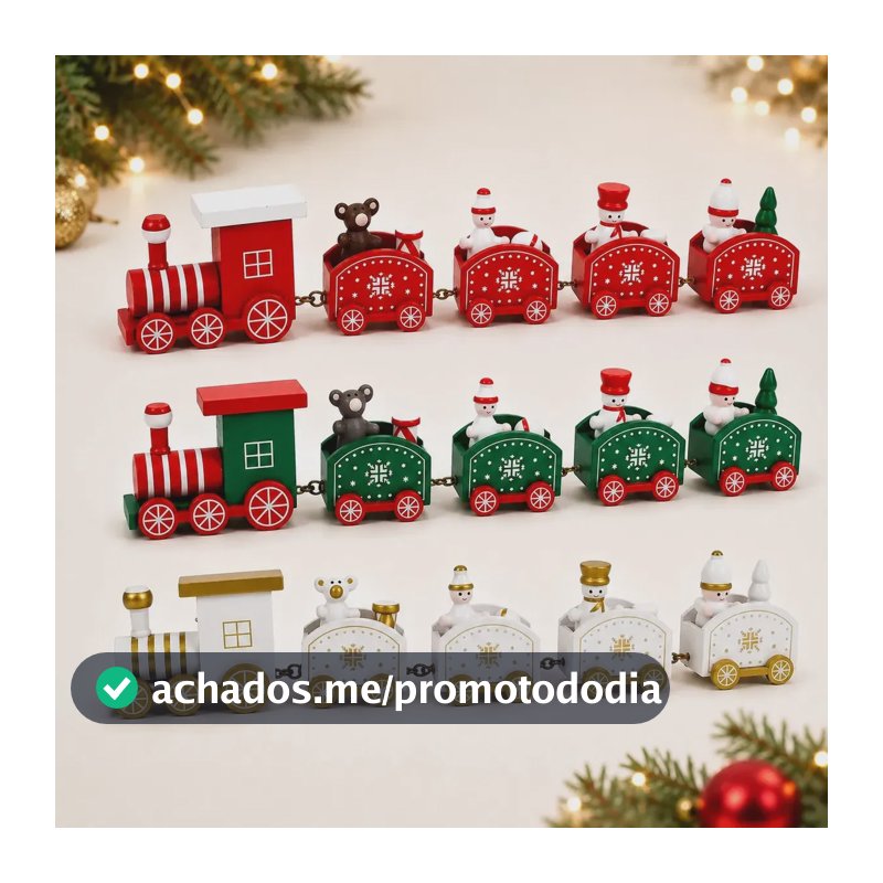 Trenzinho Enfeite de Natal de Madeira com 5 peças 1 Locomotiva + 4 Vagões Decoração Natalina Premium Encantadora Trem de Natal Vermelho - Petite Flô