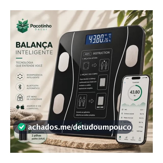 Balança Digital Smart Bioimpedância 180kg Bluetooth IMC Corporal App Android iOS Pacotinho Decor