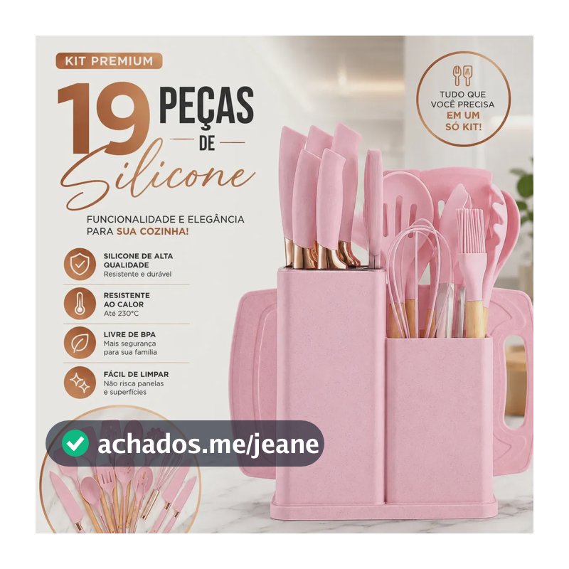 Kit Utensílios de Cozinha 19 Peças em Silicone com Cabo de Madeira Rosa para Panelas Antiaderentes – Shokki