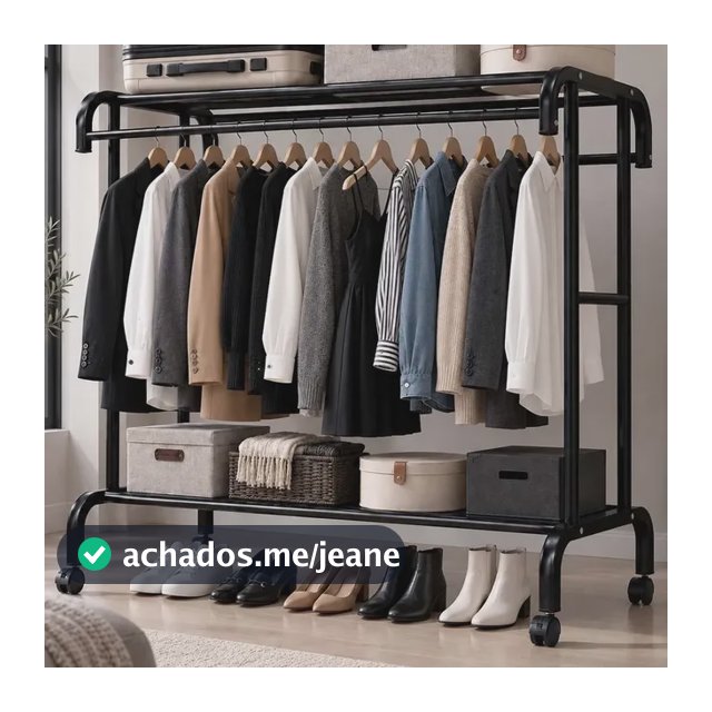 Cabideiro Organizador Arara Roupas Com Prateleiras Rodinhas Preto