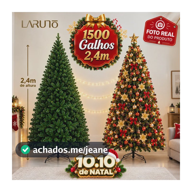 Árvore de Natal Pinheiro Luxuosa 2,40m 1500 Galhos Cheios Verde Dobrável Decoração de Natal LARUNO