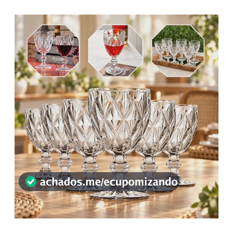 Jogo de 6 Taças Diamond Luxo em Vidro 330 mL para Vinho e Água Gostei!