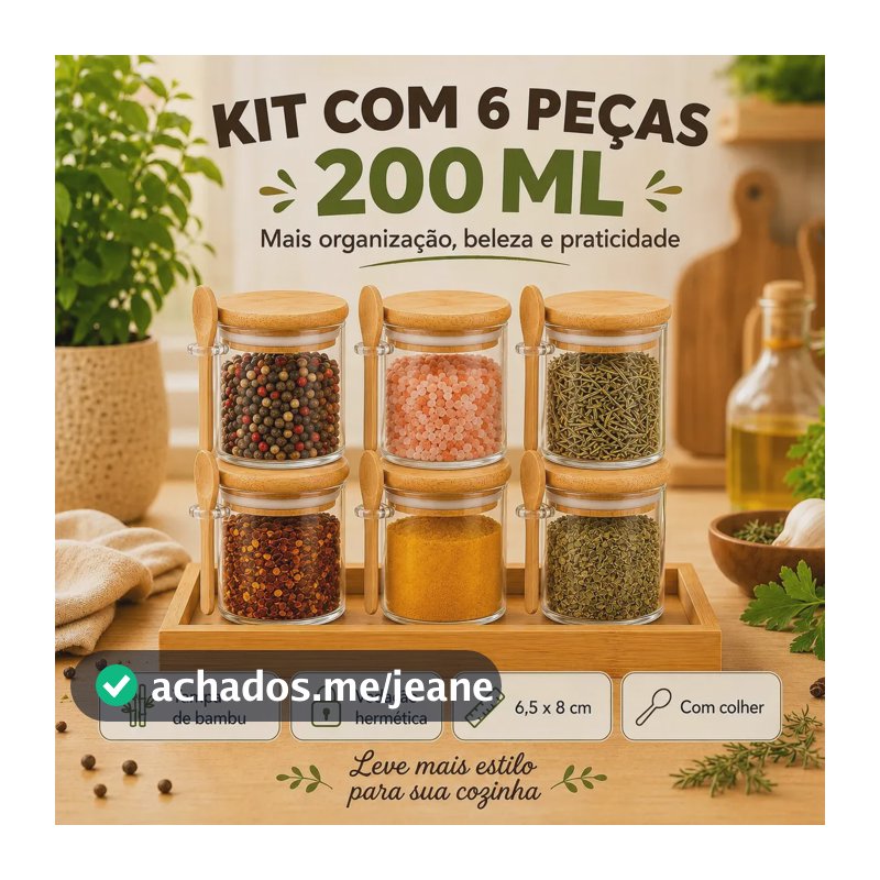 Kit 6 Potes Vidro Porta Tempero Hermético C/ Tampa Bambu Pote-200ml/com Colher