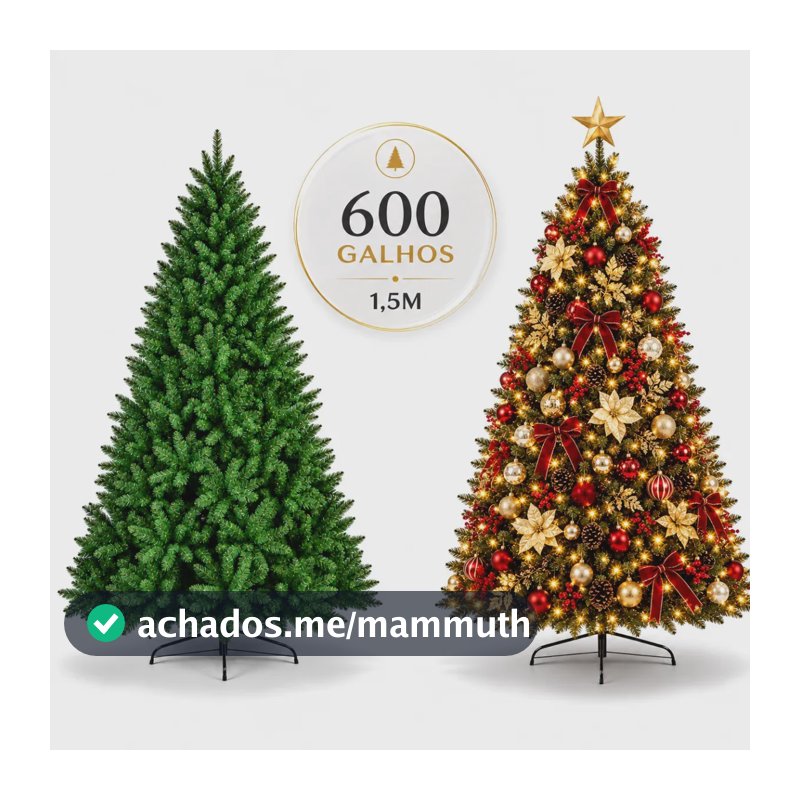 Arvore Natal 1,5 Metros 600 Galhos Volumosa Pinheiro Natalino Verde Base de Metal Reforçada e Resistente