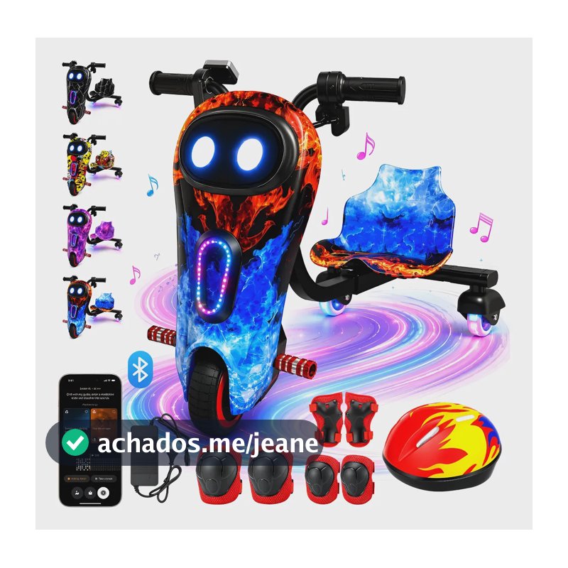 Patinete Triciclo Elétrico Drift Infantil C/ Led Y Bluetooth Vermelho E Azul