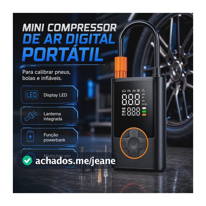 Compressor De Ar Digital Calibrador De Pneu Digital Para Moto E Carro Portátil Bivolt Com Powerbank