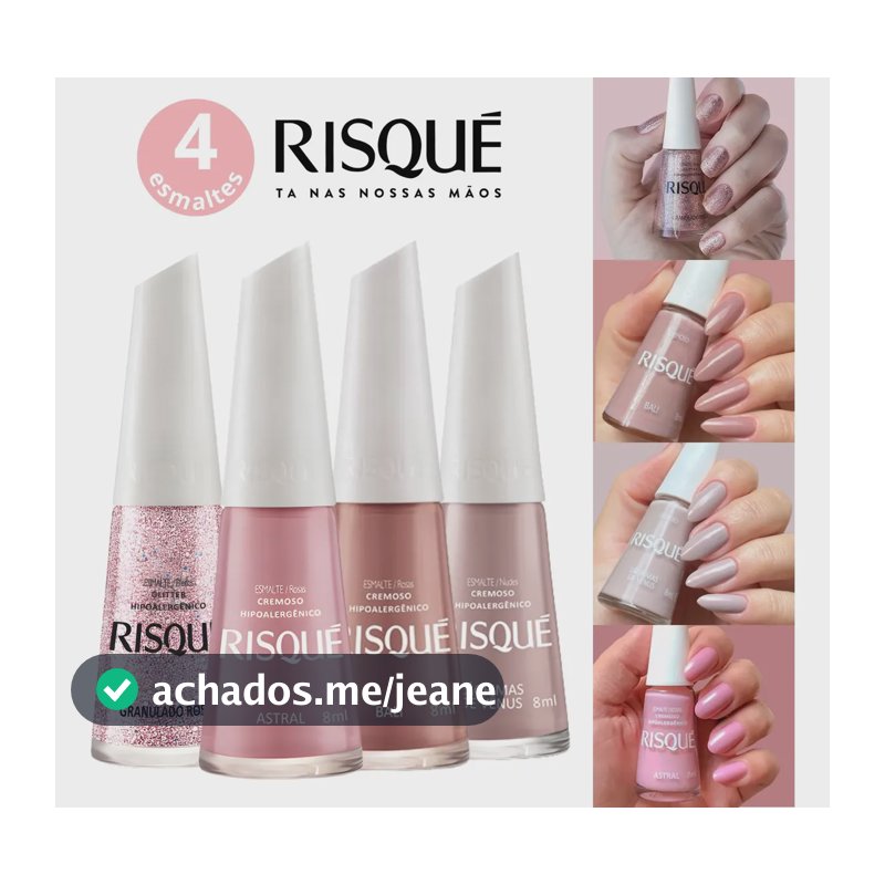Kit 4 Esmalte Risque Tons Nudes Rosa Cremoso Hipoalergenico Cor Cor