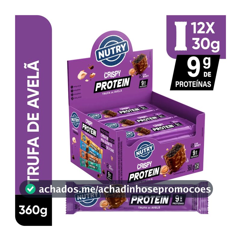Barra de Proteínas Nutry Crispy Protein Trufa de Avelã 30g - Display Com 12 Unidades - Com Whey e 9g de Proteínas
