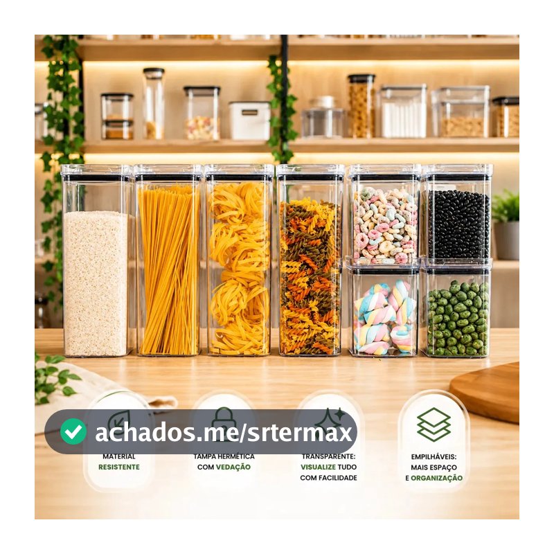Kit 8 Potes Herméticos Mantimentos Quadrado Cozinha Tampa Vedação Hermética Amobox