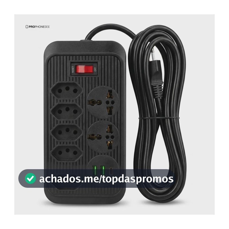 Extensão Elétrica 5 Tomadas 2 USB 1 Tipo C Pd Filtro de Linha com Proteção de Sobrecarga Tomada Universal Tripolar Cabo 5 metro Régua Energia Com Interruptor De Segurança Protetor De Surto Bivolt