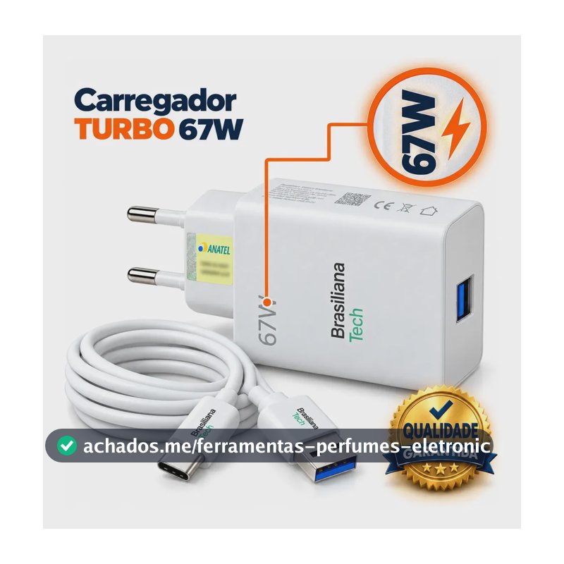 Carregador Turbo 67W Tipo C com Cabo 1m Fonte de Parede Carregamento Rápido Adaptador Tomada Compatível com Xiaomi Redmi Note 7 8 9 10 11 12 Pro Poco X3 Pro M3 Mi 8 9 10 A2 A3 Brasiliana Tech
