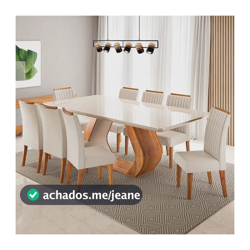 Conjunto Sala De Jantar 8 Lugares Retangular Tampo Em Vidro Mel/off White/bege