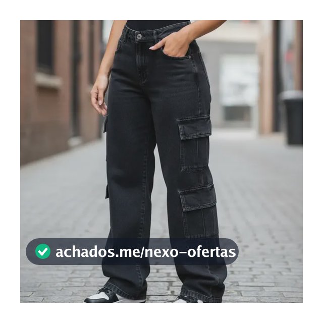 Calça Cargo 8 Bolsos  Jeans Feminina Cintura Alta