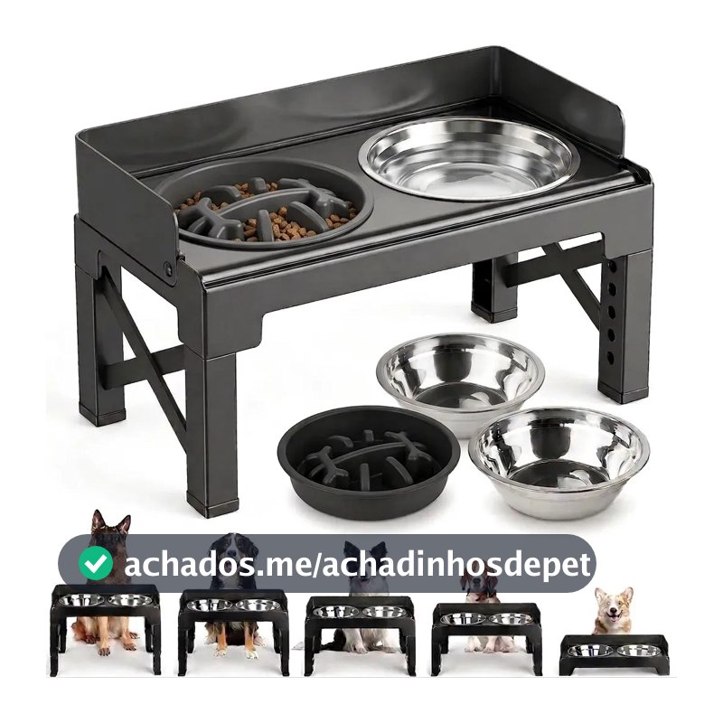 Comedouro Bebedouro para cachorro caes pets elevado Duplo inox tijela antiderrapante com regulavel com aço inoxidável para buldogue com ajuste de altura suporte 8cm 31cm com Proteção contra respingos