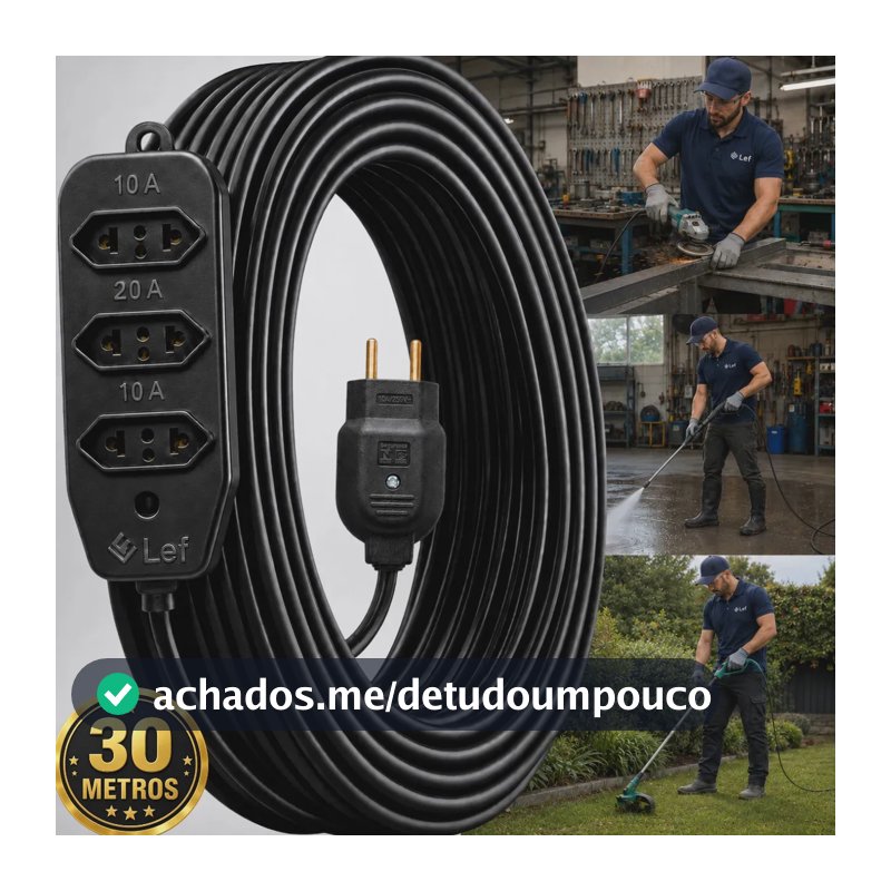 Extensão Elétrica 30 Metros Reforçada Cabo Pp Profissional 10A 20A 3 Barra de tomadas Bivolt Cabo Dupla Camada Flexível para Obra Uso Residencial Ferramentas Elétricas Lavadoras Área externa Two Lef