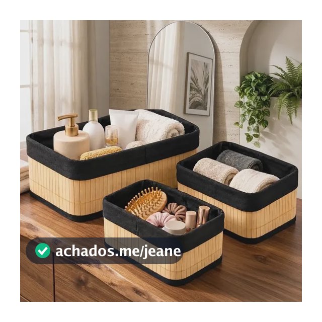 Kit 3 Cestos Organizador De Bambu Multiuso Com Forro Lavável Bambu