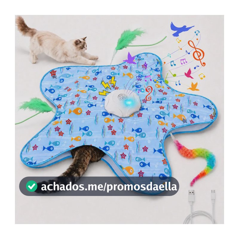 Brinquedo Elétrico Interativo Fallove para Gatos com Pena e Rato, Pack de 3 Refis e Som