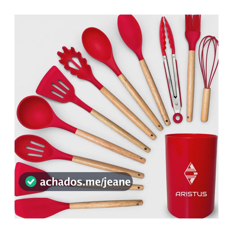 Kit 12 Utensílios De Cozinha Em Silicone Premium Com Cabo De Madeira Aristus Resistentes Ao Calor Até 220°c, Antiaderentes, Duráveis E Modernos Cor Vermelho