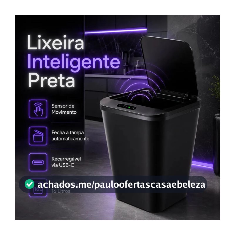 Lixeira Automática Inteligente Smart 16l Preto Sensor Banheiro Cozinha Estilo Moderno