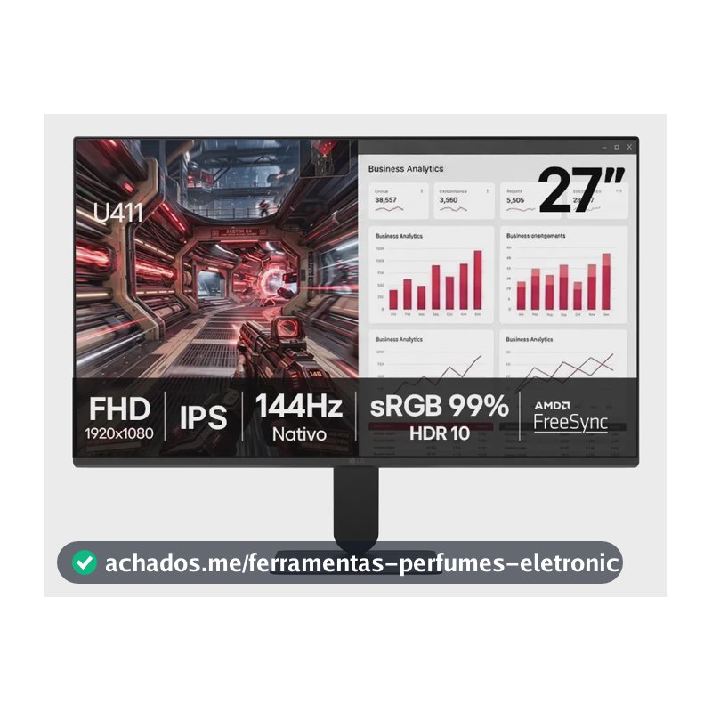Monitor LG FHD Gamer & Office tela IPS 27”, 1ms (MBR), 144Hz Nativo, FreeSync, HDR10, sRGB, Modo leitura, Flicker Safe, HDMI, Black Stabilizer, Dynamic Action Sync, Preto - 27U411B