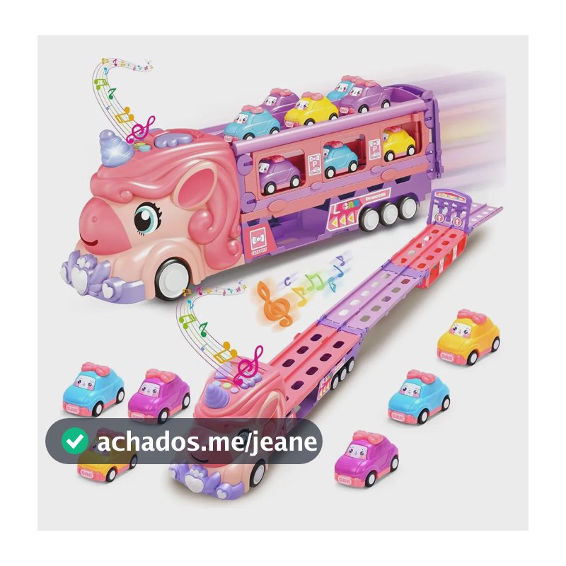Caminhão Cegonha Unicórnio Com 6 Carrinhos Grande Com Pista De Corrida Lançador Dobrável Luz E Som Para Meninas Brinquedo Educativo Infantil Rosa Kizumba