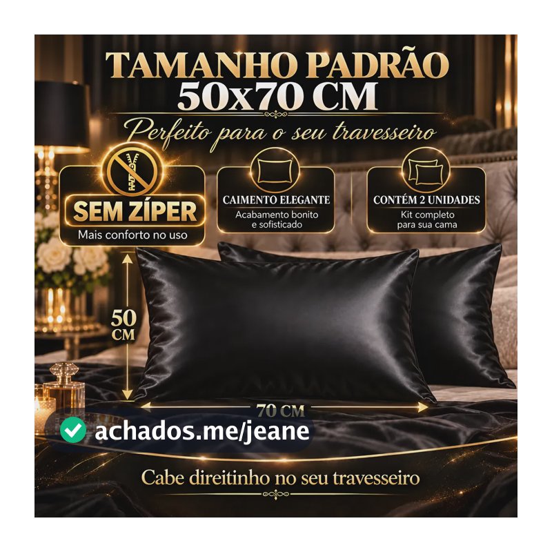 Kit 2 Fronha Cetim Seda 50x70 Premium Antifrizz Sem Ziper Kit 2 Cor Preta Preto Fronha Lisa, Liso, Sem Desenho
