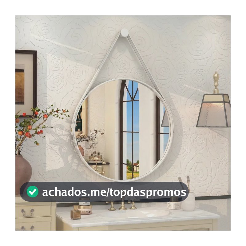 Espelho Redondo 60cm Adnet Alça de Couro Branco Dupla Costura e Suporte em Alumínio Quarto, Banheiro, Sala MF901
