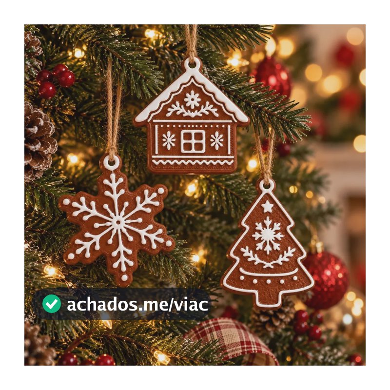 Kit Enfeites Natal Biscoito Casa Boneco Floco Neve Decoração Marrom Pendentes De Arvore De Natal - Árvore - Casa - Floco De Neve - Rústico - Feito A Mão - Artesanal - Enfeite