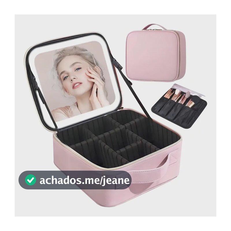 Bolsa de Cosméticos Rosa com Luz e Espelho Portátil Viagem
