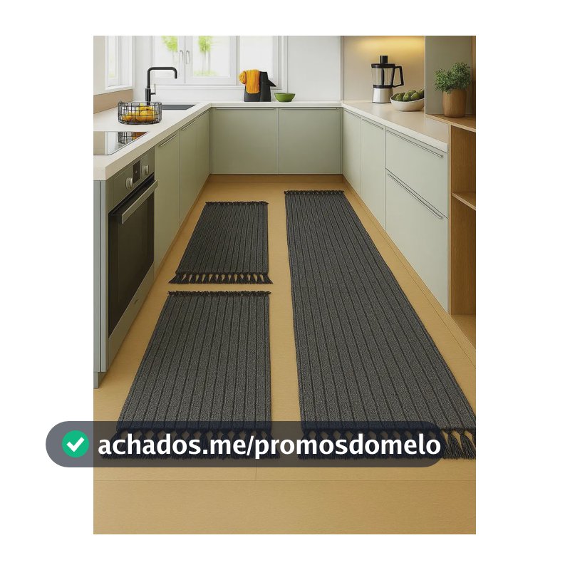 Jogo Tapete Passadeira Para Cozinha De Tear 3 Peças Cor Cinza Listrado