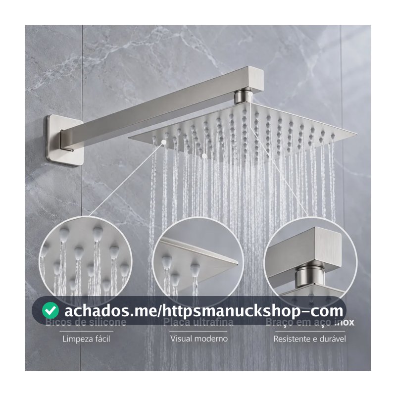 Chuveiro de Parede Quadrado 20cm Inox Escovado com Braço e Cabeça Articulável Efeito Chuva