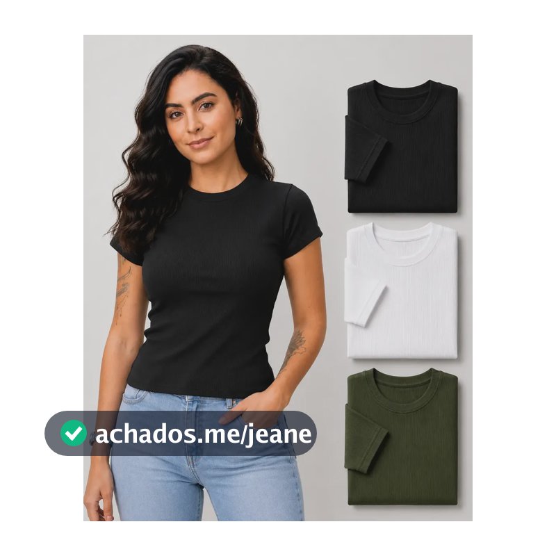 Kit 3 Camisetas Feminina Básica Canelado Blusa Baby Look Preto - Branco E Verde Militar M 38/40 Liso